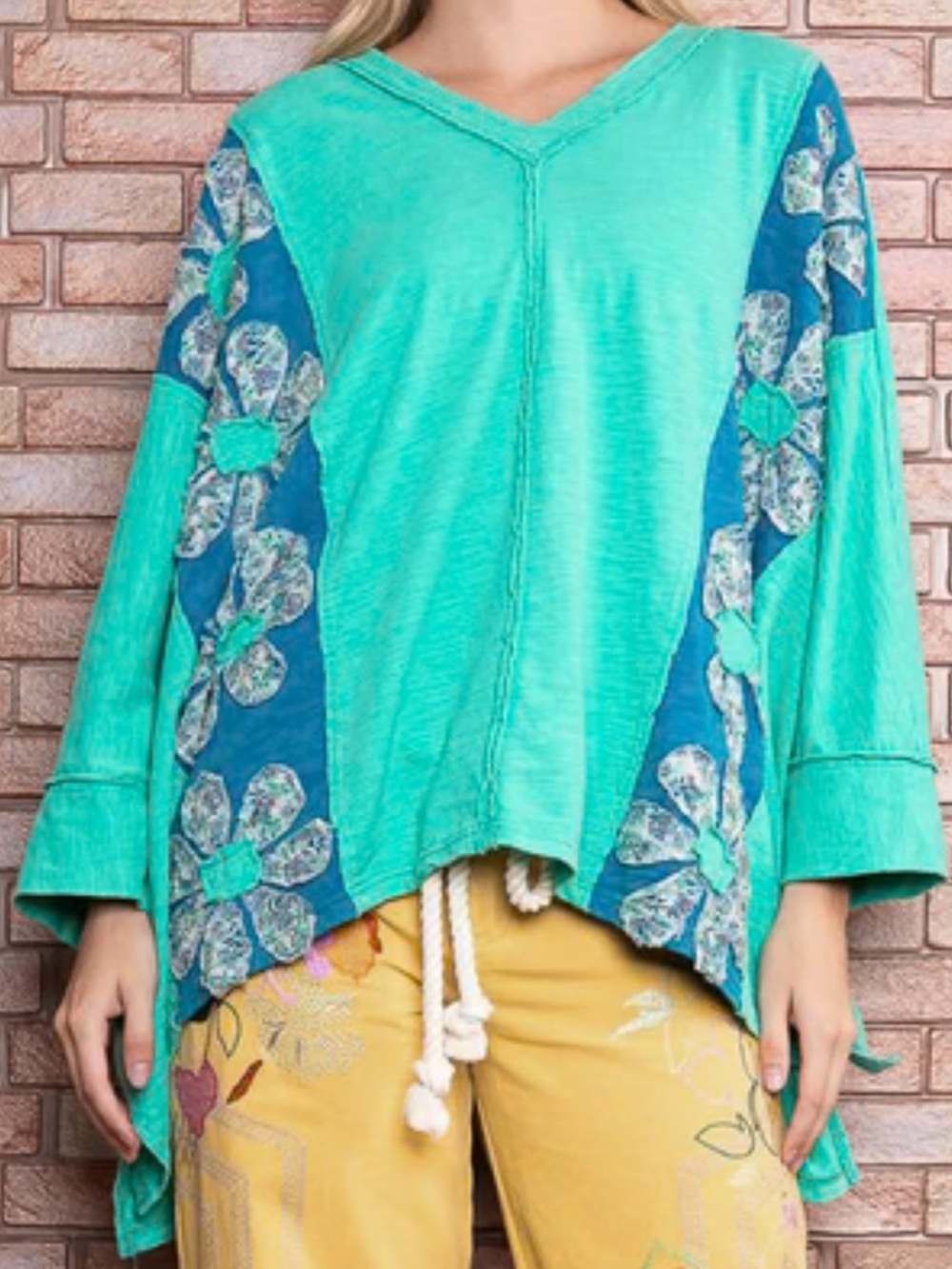BlueVelvet Color Block Panel Top with Flower Patches in Aqua Green